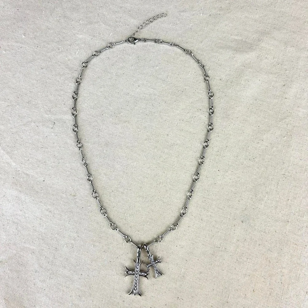 Vintage Y2K silver double cross opium style necklace diamond chain